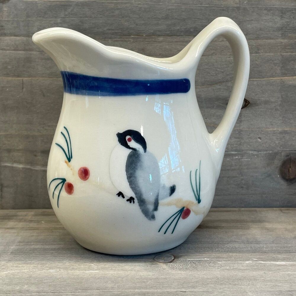 Vintage 1983 Hand Painted Blue Bird Mini Pitcher - Cream Stoneware Creamer